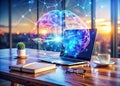 Innovative Brainstorming Concept AIGenerated Double Exposure of a Workspace and a Holographic Brain Exploring Creative Royalty Free Stock Photo