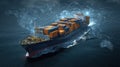Innovative Cargo Ship Utilizing AI for Global Logistics and Supply Chain Operations With a World Map Backdrop Royalty Free Stock Photo