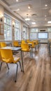 Innovative Classroom Design Featuring Bright Yellow Chairs and Interactive Project Board for Future Learning Royalty Free Stock Photo