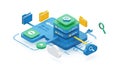 Isometric Cloud Data Center with Servers, Folders and Search Icon Royalty Free Stock Photo