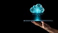 Innovative cloud technology visualization on tablet held by hand for seamless data transfer and digital solutions in a modern tech Royalty Free Stock Photo