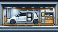 Innovative Compact Car Inside Modern Storage Facility with Organized Shelves and Boxes Royalty Free Stock Photo