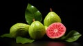 Innovative Composition: Four Healthy Guavas On Black Background
