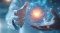 Innovative Concept of Quantum Science Exploration with Hands Encompassing a Glowing Network Sphere. Concept of Quantum