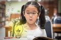 Innovative creative idea for copyrights law concept with kid surprised reading book with lightbulb in library