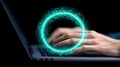 Innovative cybersecurity hologram with circular glowing shield icon above hands typing on a keyboard, symbolizing next gen data