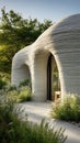 Innovative 3d-printed concrete house with modern arched design in lush garden Royalty Free Stock Photo