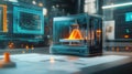 Innovative 3d printer creating triangular object in modern laboratory