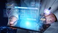 Innovative Data Analysis with Futuristic Tablet Displaying Graphs and Digital Visualizations in Hands of a Business Royalty Free Stock Photo