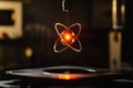 Innovative depiction of atomic structure with glowing particles in a laboratory setting