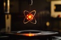 Innovative depiction of atomic structure with glowing particles in a laboratory setting