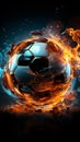 Innovative design, wireframe player, lit by dynamic effects, strikes soccer ball with precision