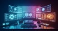 Innovative digital interface with multiple screens displaying data visualizations and programming code, advanced computer Royalty Free Stock Photo