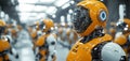 Innovative and dynamic smart factory filled with advanced orange robotic workers