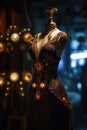 An innovative and elegant dress in a steampunk look on a Mannequin with soft bokeh lights created with generative AI technology