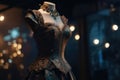 An innovative and elegant dress in a steampunk look on a Mannequin with soft bokeh lights created with generative AI technology