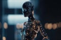 An innovative and elegant modern dress made of electronics on a AI robot with soft bokeh lights created with generative AI Royalty Free Stock Photo