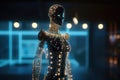 An innovative and elegant modern dress made of electronics on a AI robot with soft bokeh lights created with generative AI
