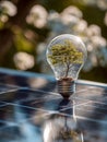Innovative energy-saving idea combining nature and technology with a tree inside a lightbulb on a solar panel Royalty Free Stock Photo