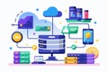 Innovative flat illustration of large data transfer and storage concept featuring networked devices and cloud interactions Royalty Free Stock Photo