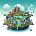 An innovative floating city concept, complete with sustainable energy sources, advanced transportation, and integrated tech Royalty Free Stock Photo