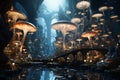Innovative Futuristic Mushrooms Architecture on River with Sea Animals, generative AI
