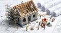 Innovative house construction project with miniature workers and blueprints showing modern building under construction Royalty Free Stock Photo