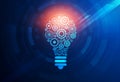 Innovative Ideas Illustration With Holographic Lightbulb And Gears, Blue Background