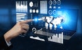 Innovative Interaction between Human Hand and Robotic Arm Illustration with Data Visualization and Technology Elements Royalty Free Stock Photo