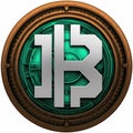 a logo of the decentralized Bitcoin blockchain technology, in the style of bronzepunk. emerald and bronze coin. generative ai