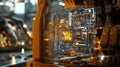 Innovative manufacturing process showing holographic circuit board in a futuristic factory