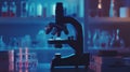 Innovative medical technology microscope close up and animated macro dna imagery in lab setting