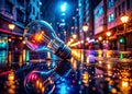 Innovative Metropolis Digital Lightbulb Silhouette Illuminates a Futuristic Cityscape in the Rain Royalty Free Stock Photo