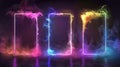 An innovative neon luminous gradient frame with smoke clouds. A realistic modern set of a glowing game portal door with