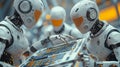 Innovative portrayal of a smart factory with advanced robots analyzing circuit boards and collaborating on production
