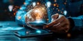 Innovative Professional Generating Ideas with Lightbulb Icon on Digital Interface Using Smartphone and Stylus Royalty Free Stock Photo