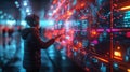 Innovative Project Management on Virtual Workflow Board Blurred figures interact with a digital workflow