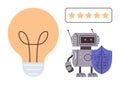 Innovative Robot with Shield and Five-Star Rating Beside a Glowing Lightbulb Royalty Free Stock Photo