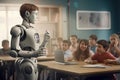 Innovative robot teaching students in a classroom setting, showcasing advanced technology and interactive learning experience, Royalty Free Stock Photo