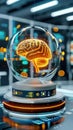 Innovative science scene showcasing a glowing brain hologram in a high-tech lab, featuring dynamic lights and modern tech