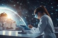 Innovative scientist conducts research in a futuristic lab with cosmic backdrop Royalty Free Stock Photo