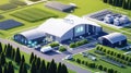 Innovative smart farm with robotic harvesters and hydroponic greenhouses in a modern agricultural landscape