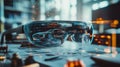Innovative smart glasses displaying holographic car projection in modern factory setting
