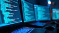 Innovative software engineering dynamic programming, Computer screens, programming code, dark room, neon blue glow, software