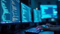 Innovative software engineering dynamic programming, Computer screens, programming code, dark room, neon blue glow, software