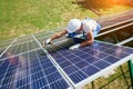 Innovative solar panels installing by professional mounter. Royalty Free Stock Photo