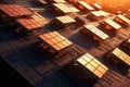 Innovative solar panels on the roof of a house, illuminated by the rays of the morning sun