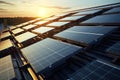 Innovative solar panels on the roof of a house, illuminated by the rays of the morning sun