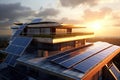 Innovative solar panels on the roof of a house, illuminated by the rays of the morning sun