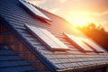 Innovative solar panels on the roof of a house, illuminated by the rays of the morning sun